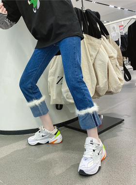 兔毛翻边牛仔裤女2019秋冬新款百搭高腰显瘦chic牛仔直筒裤