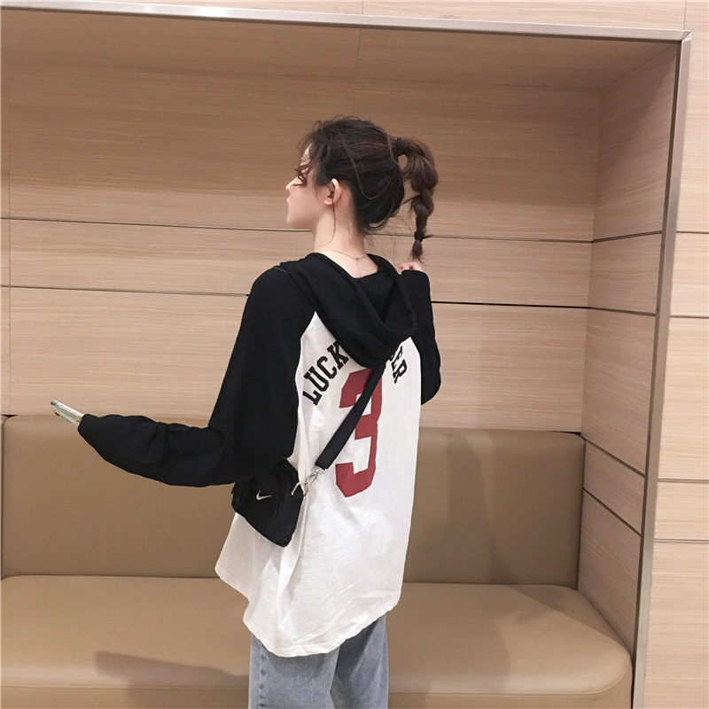 连帽T恤女长袖2022新款女学生宽松bf风学院风拼色插肩袖春秋上衣