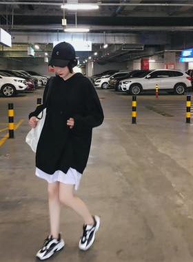 中长款卫衣女腰部褶皱设计假两件卫衣裙2019秋装新款连帽套头外套