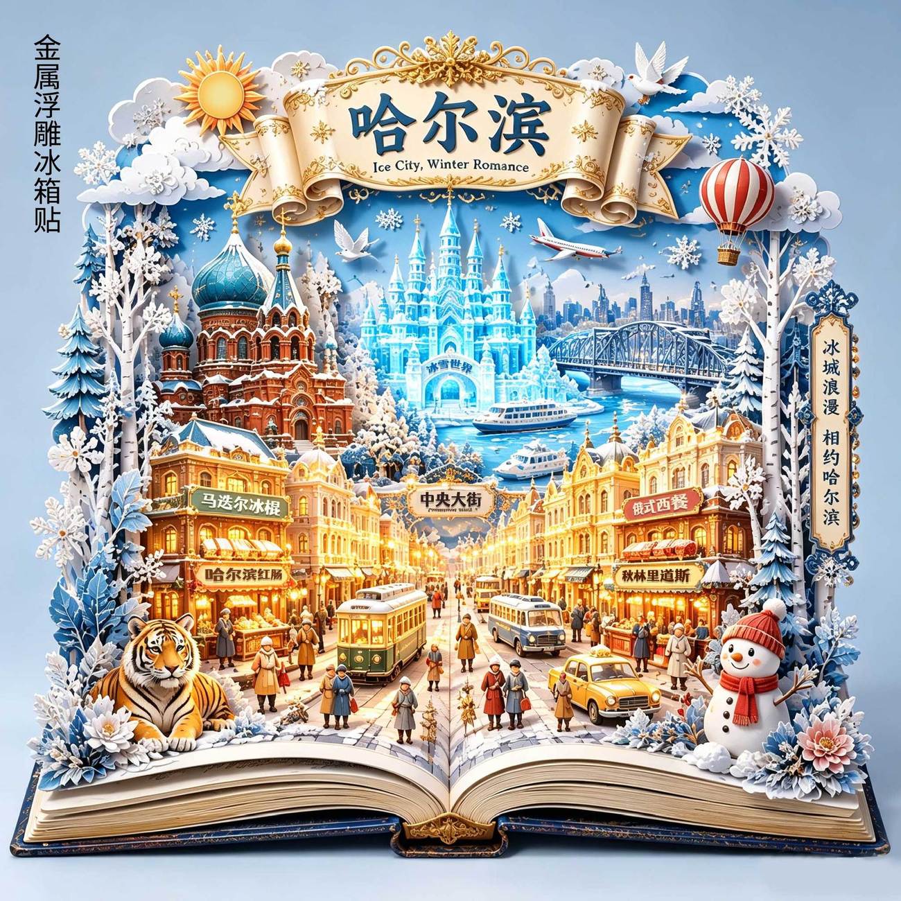 哈尔滨金属立体浮雕冰箱贴旅游景区冰城浪漫装饰纪念伴手礼磁吸式