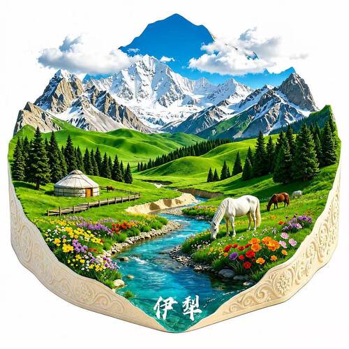 伊犁山水立体金属浮雕冰箱贴