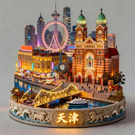 天津金属浮雕立体磁吸冰箱贴摩天轮世纪钟意式风情怀旧旅游纪念品