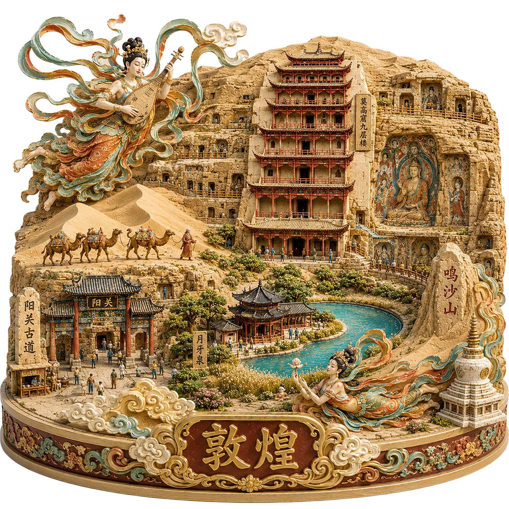 敦煌金属立体浮雕冰箱贴旅游景区莫高窟九层楼千年艺术宝库磁吸式