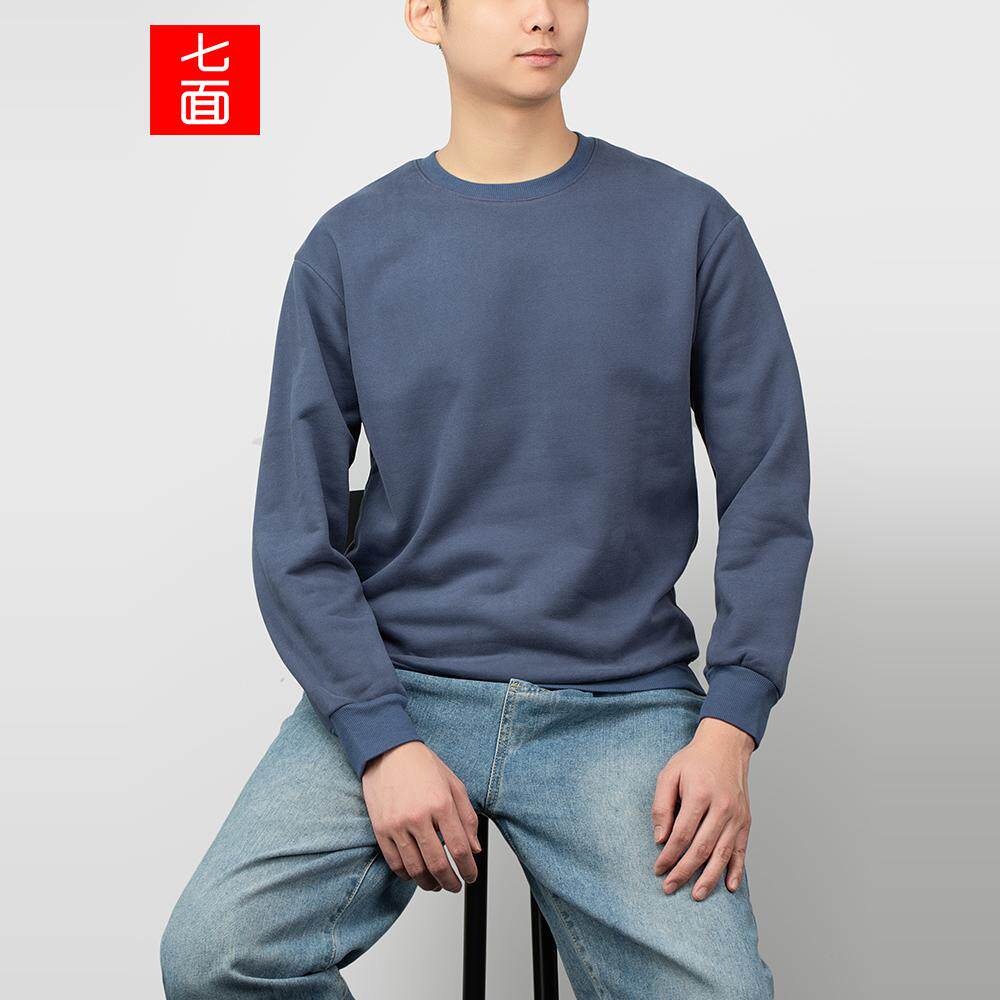 七面加厚棉质拉绒圆领套头无帽落肩卫衣男潮复古休闲长袖运动上衣