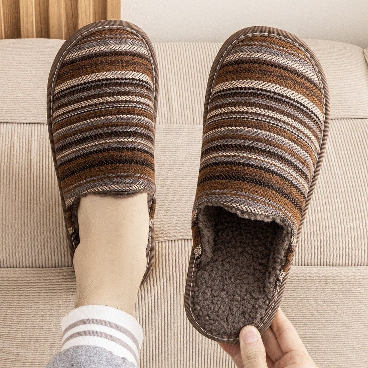 欧式棉麻拖鞋保暖居家用情侣男女士木地板防滑静音平软底拖鞋秋冬