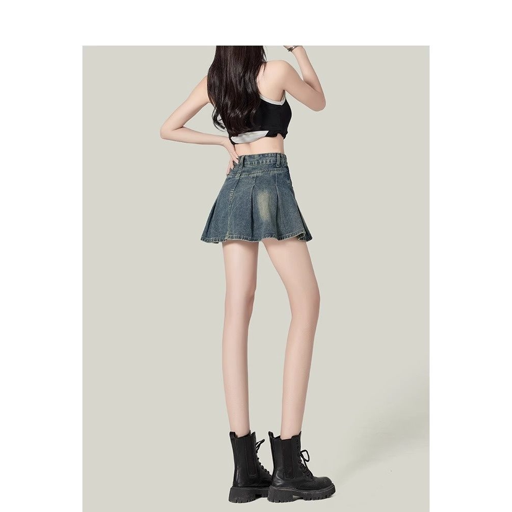 Forever21复古蓝辣妹包臀百褶牛仔短裙女高腰A字蓬蓬裙梨形半身裙