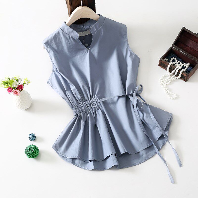 Korean Edition OL Sleeveless shirts white V-neck Versatile fold Blouse Waist Irregular Drawstring Lace blousein the Women's clothing/Boutique , Shirt  category - from Buy2taobao.com to provide professional Taobao agent buy service