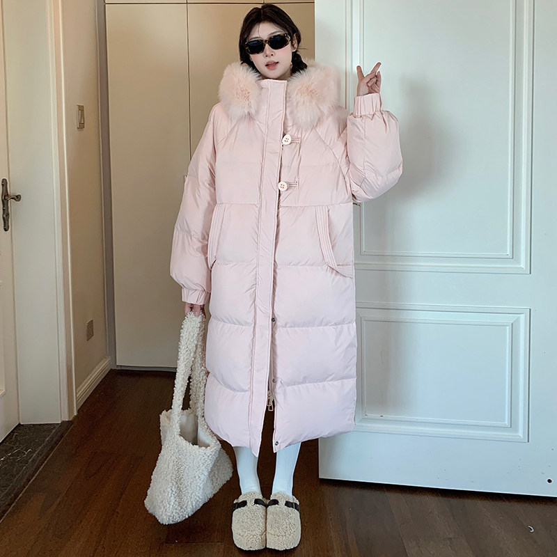 粉色羽绒服女款冬季2025新款韩系设计感超好看过膝长款外套