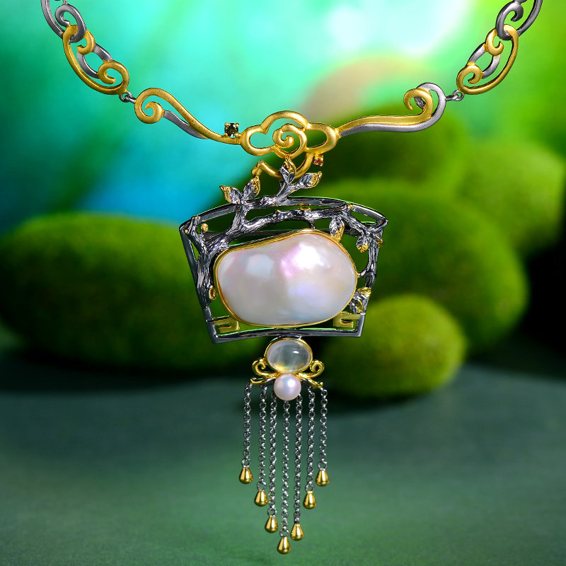 天然巴洛克珍珠扇项坠女流苏吊坠胸针两用款意大利精工手工工艺品