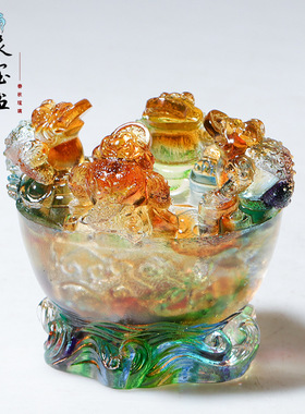 琉璃金蟾聚宝盆摆件招财家居装饰新店开业乔迁新居礼物高档工艺品