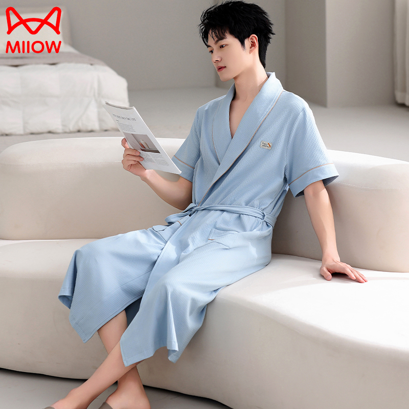 猫人睡袍男款春夏季纯棉浴袍舒适2025新款大码休闲家居服简约长款