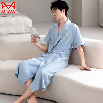 猫人睡袍男款春夏季纯棉浴袍舒适2025新款大码休闲家居服简约长款