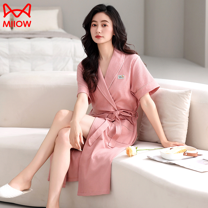 猫人睡袍女款2025春夏季纯棉短袖浴袍新款休闲家居服长款大码睡衣