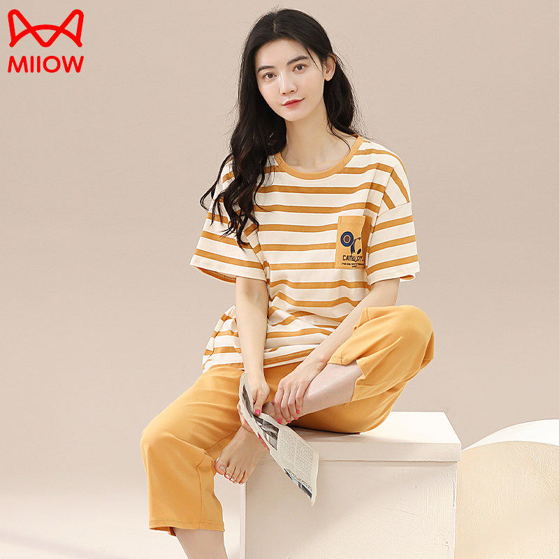 莹柔睡衣女款春夏季纯棉短袖七分裤款简约卡通可爱家居服两件套装