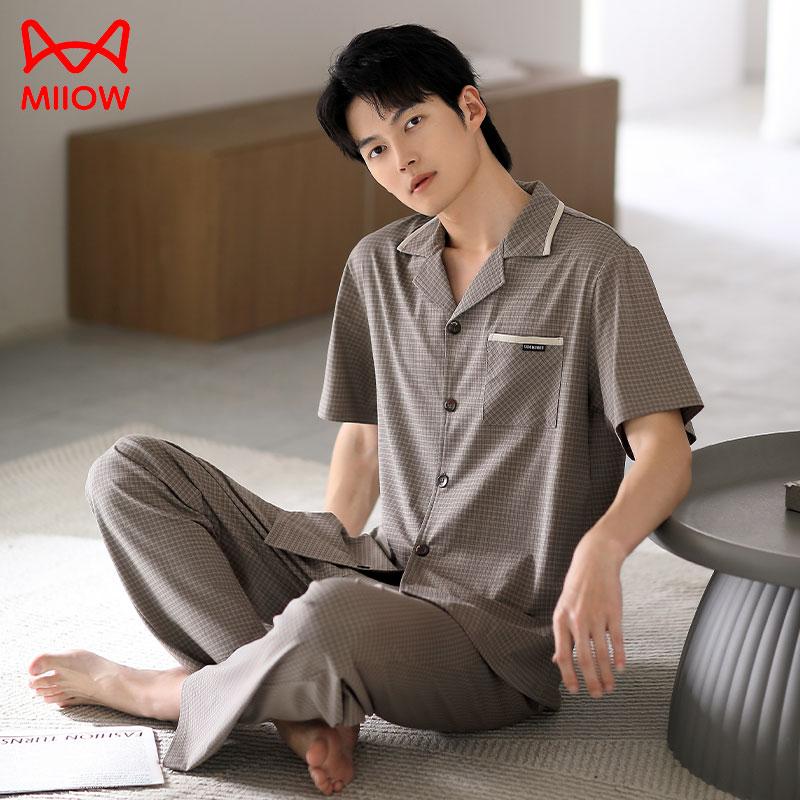 猫人纯棉睡衣男款2025年夏季新款短袖长裤套装宽松大码开衫家居服