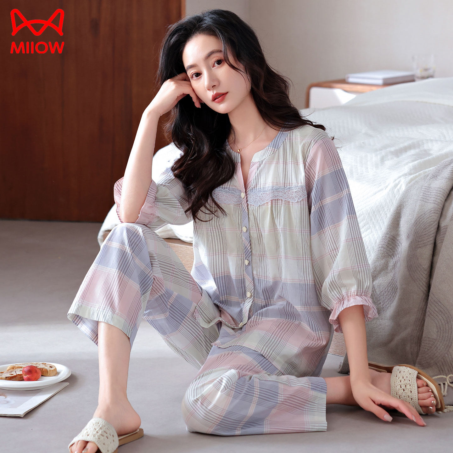 莹柔睡衣女款春夏季梭织纯棉七分袖长裤套装2025新款家居服可外穿