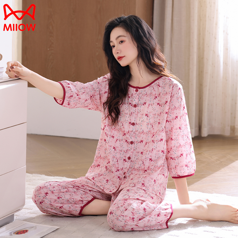 猫人睡衣女款春秋季纯棉七分袖长裤碎花套装2025夏款妈妈款家居服