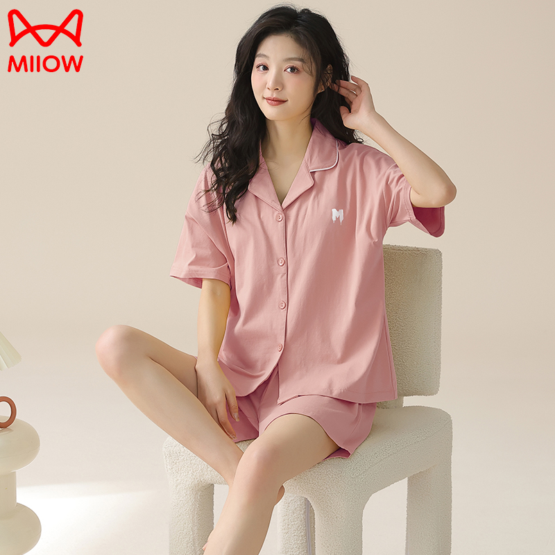 猫人睡衣女春夏季纯棉短袖短裤套装带胸垫一体休闲开衫家居服薄款