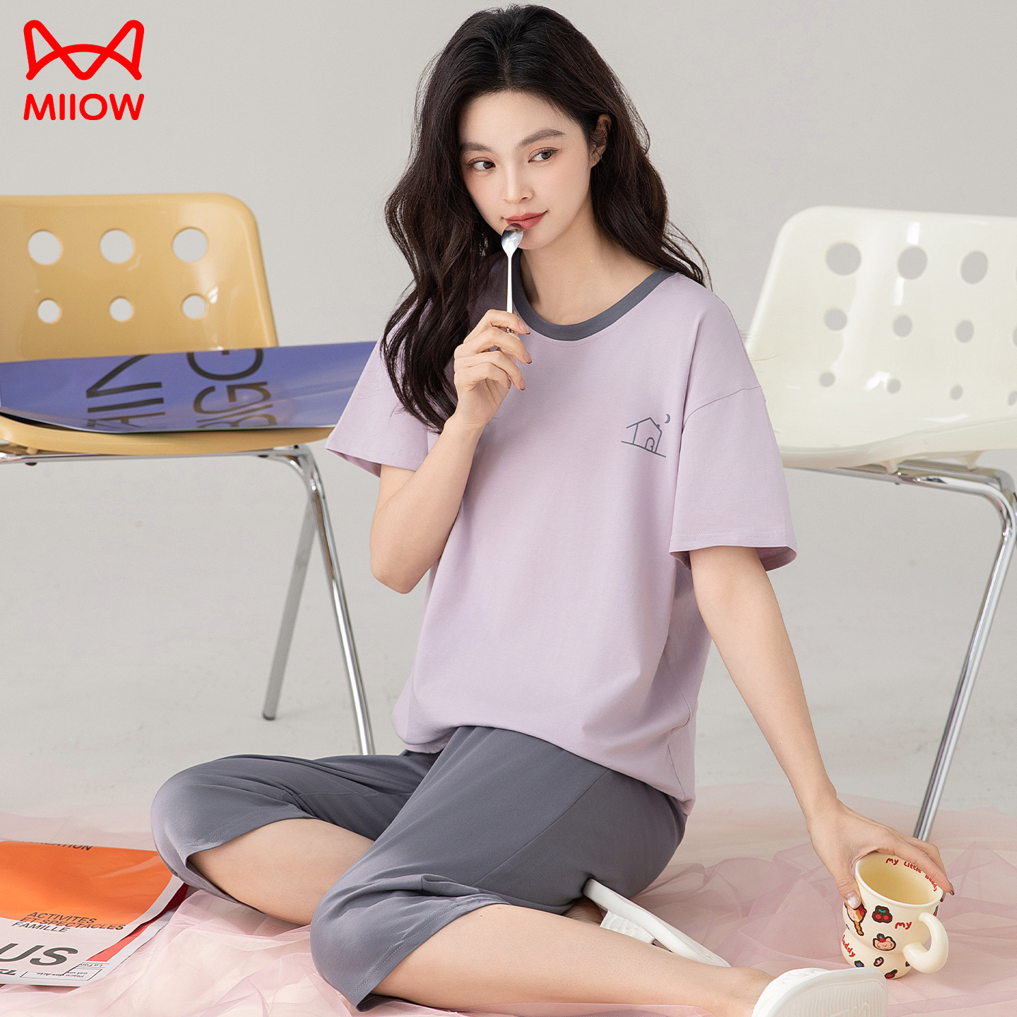 莹柔睡衣女款春夏季纯棉短袖七分裤可外穿新款薄款简约家居服套装