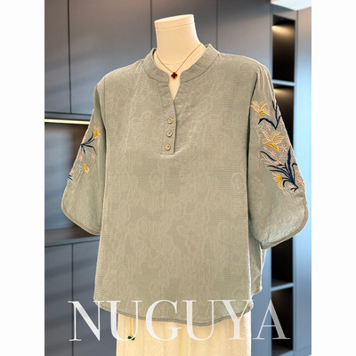 中国风棉麻衬衫女妈妈装2025年夏装新款上衣气质百搭中老年人衬衣