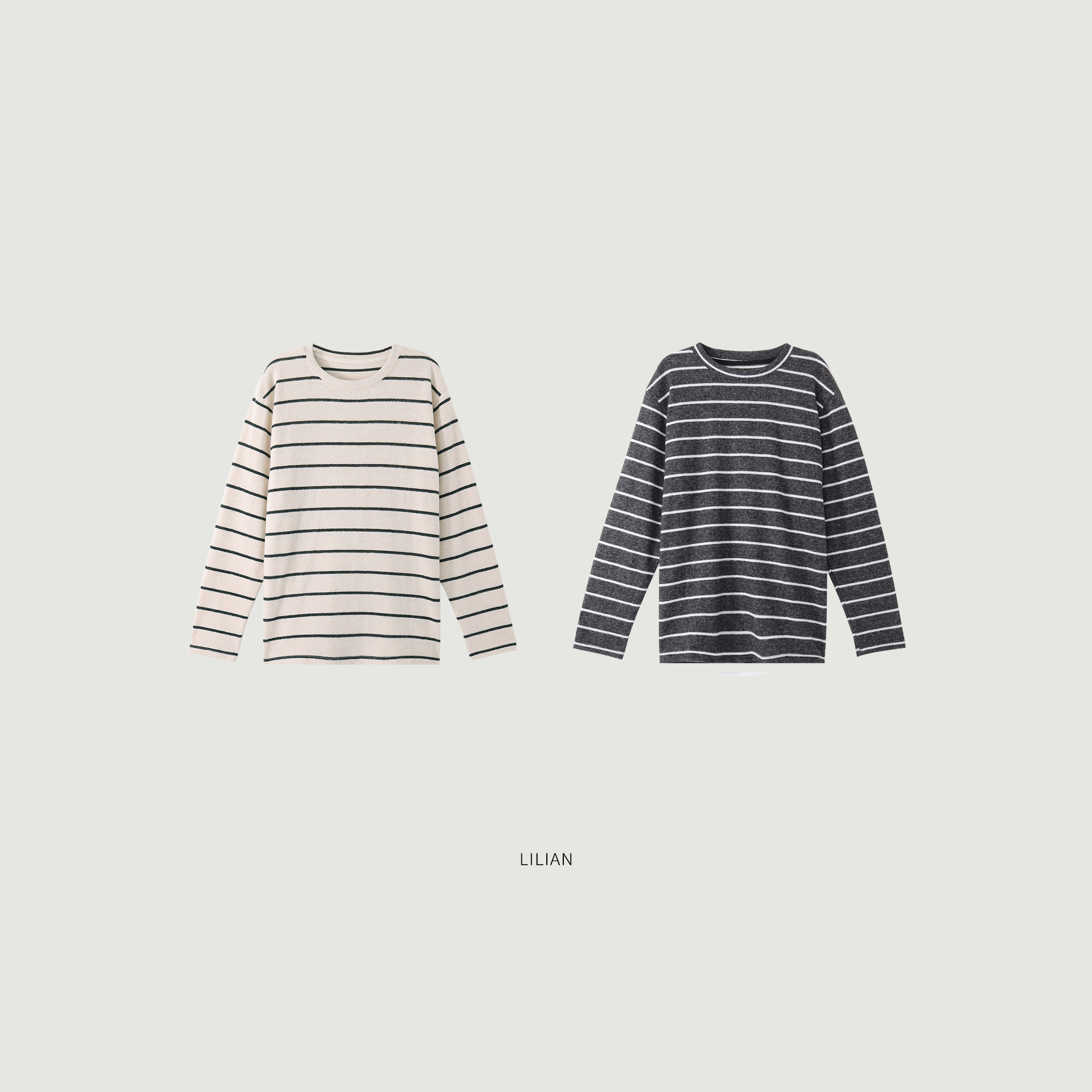 莉莉LIlian 慵懒风圆领宽松显瘦条纹针织打底衫长袖上衣25秋冬