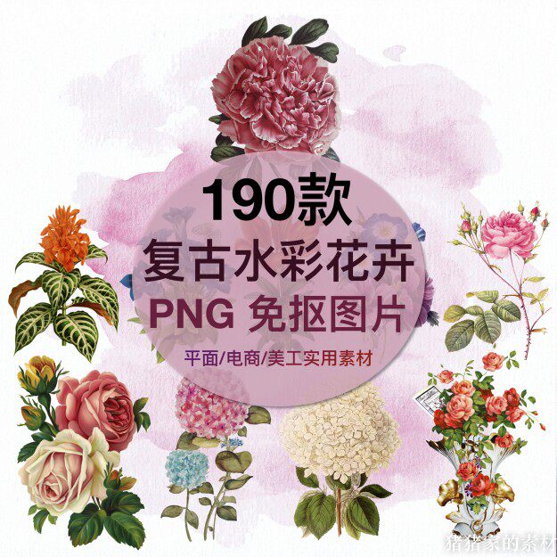 复古手绘水彩写实花卉水果玫瑰菊花插画包装图案png图片免抠素材图片