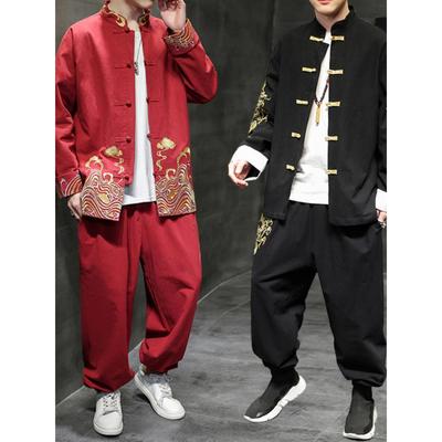 红色唐装中国中山装龙纹盘扣风衣服套装复古刺绣男年会新年外套潮