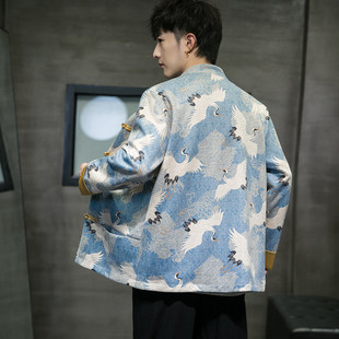 唐装 男绒盘扣印花春季 鹿皮休闲夹克立领外套中国 中山装 风汉服男装