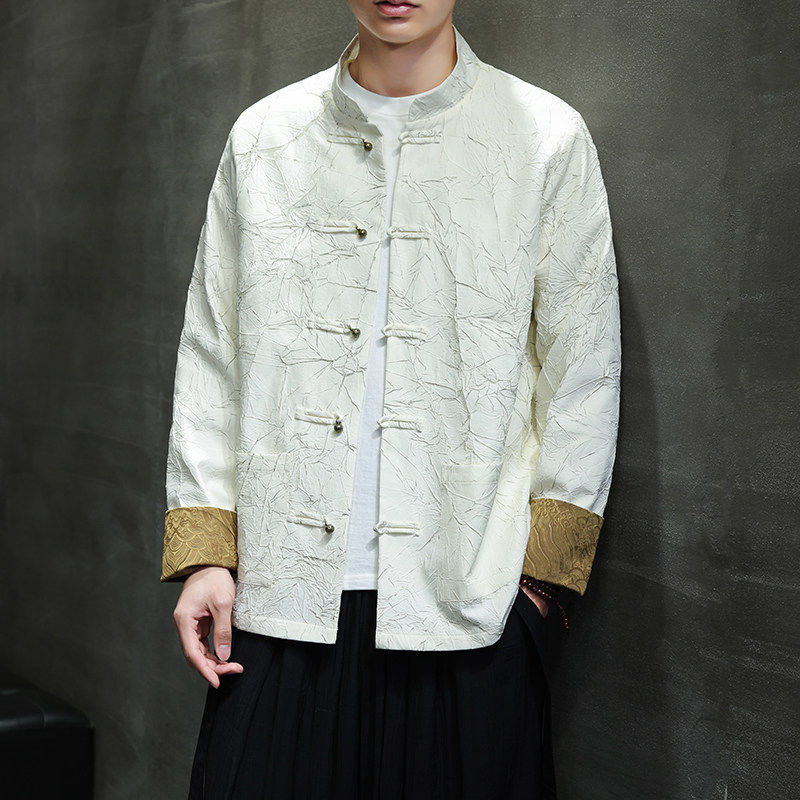 夹克立领中山装中国中式外套复古褶皱轻薄浮雕汉服唐装男新改良风