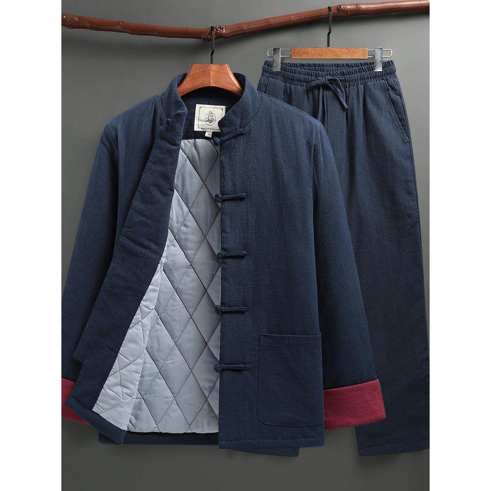 男中国中式风汉服亚麻复古棉衣套装唐装爸爸棉袄冬季外套中老年人