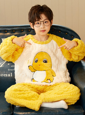 2025新款儿童卡通奶龙珊瑚绒睡衣秋冬季加厚男孩法兰绒男童家居服