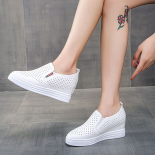 休闲女鞋 坡跟单鞋 女内增高厚底百搭一脚蹬网鞋 春夏镂空透气小白鞋