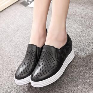 休闲女鞋 坡跟单鞋 女内增高厚底百搭一脚蹬网鞋 春夏镂空透气小白鞋