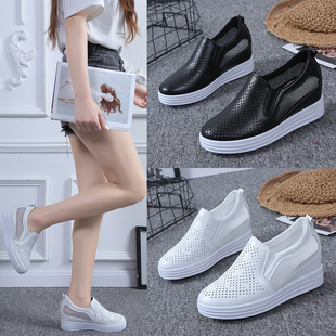 休闲女鞋 坡跟单鞋 女内增高厚底百搭一脚蹬网鞋 春夏镂空透气小白鞋