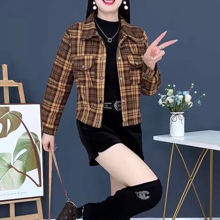 加绒加厚格子衬衫女秋冬季新款时尚小个子气质休闲百搭短款外套潮