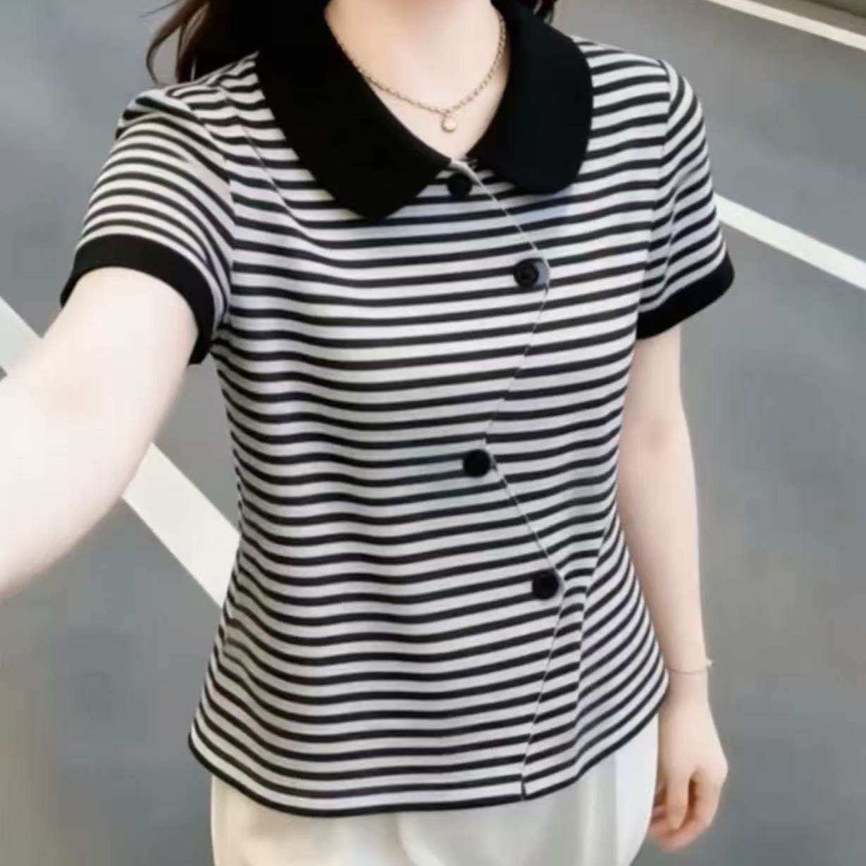 条纹娃娃领设计感短袖T恤女士2026夏季新款韩系小衫时尚减龄上衣图片