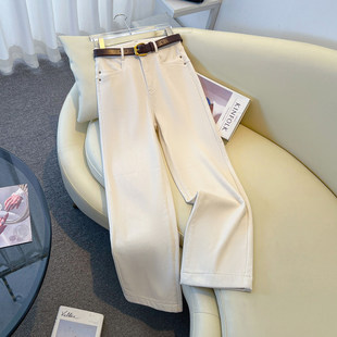 米白色阔腿牛仔裤女春款2026新款小个子高腰显瘦加绒休闲直筒裤子