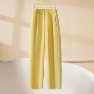 鹅黄色九分亚麻弯刀裤女2025夏季新款松紧腰抗皱棉麻冰丝直筒裤子