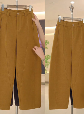 黄色高端羊毛呢休闲裤女秋冬季2025新款加绒加厚垂感香蕉弯刀裤子
