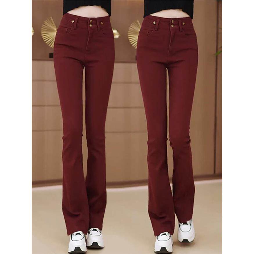 牛仔微喇裤女2026年春秋季新款高腰紧身显瘦马蹄休闲红色喇叭裤子