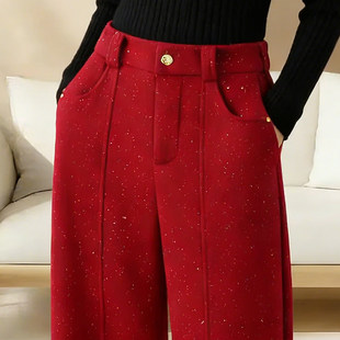 红色满天星裤子女款冬季加绒设计感亮片弯刀阔腿裤显瘦休闲跳舞裤