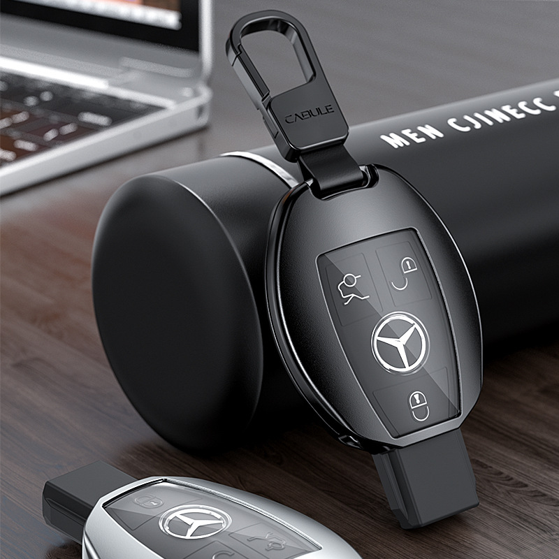 适用奔驰铝合金汽车钥匙包S级C级E级B系列全包钥匙套壳方扣英文标