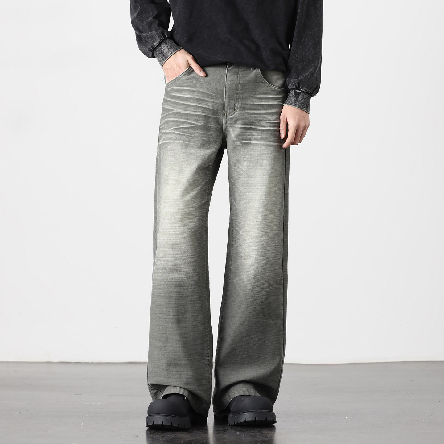 春季新款A字复古做旧猫须纹直筒阔腿牛仔裤男款宽松垂感拖地长裤,男装,牛仔裤,淘宝优惠券,粉丝福利购,淘宝优惠卷