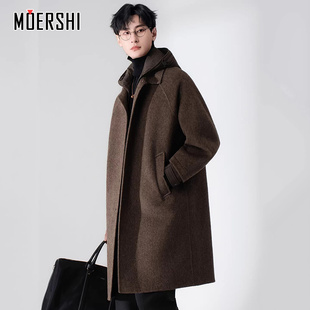 可拆卸连帽时尚 新款 风衣痞帅潮流外套 中长款 羊毛毛呢大衣男士