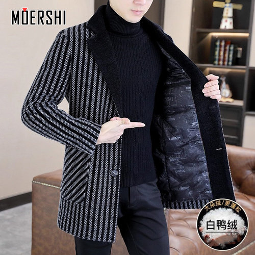 羽绒大衣外套男中长款加厚男装风衣秋冬季西装领男士休闲大衣 - 封面