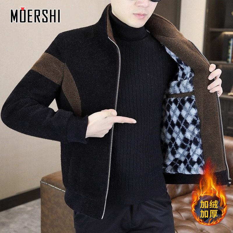 韩版金貂绒外套男时尚百搭男装衣服加绒加厚短款休闲潮流大衣