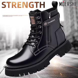 英伦风休闲马丁靴男2024秋季新款侧拉链透气高帮靴子工装皮短靴