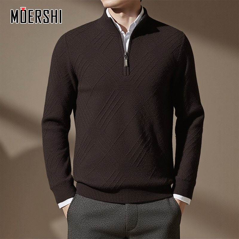新款纯牦牛绒毛衣男款秋冬季中年半高领拉链加厚百搭内搭打底衫