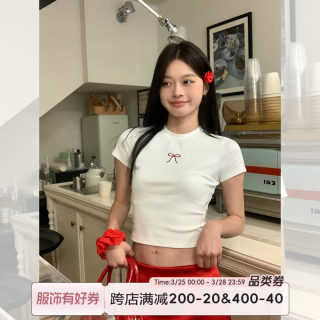 宋正恩蝴蝶结正肩女t恤夏季新款白色修身短款短袖别致绝美小上衣