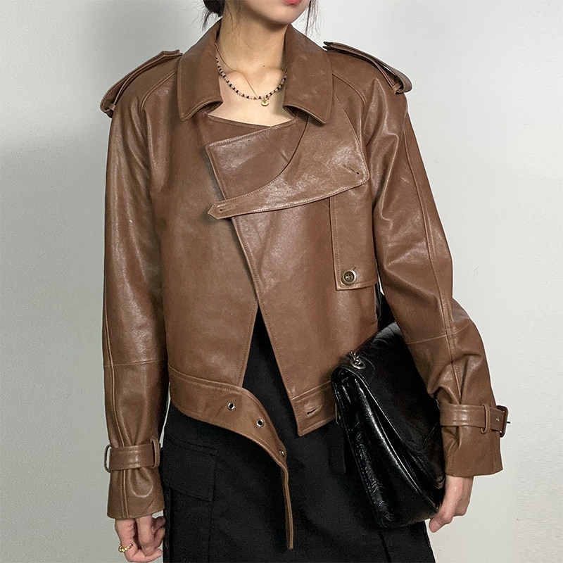 大牌款2024春季新款时尚翻领休闲绵羊皮真皮衣机车夹克皮衣女外套